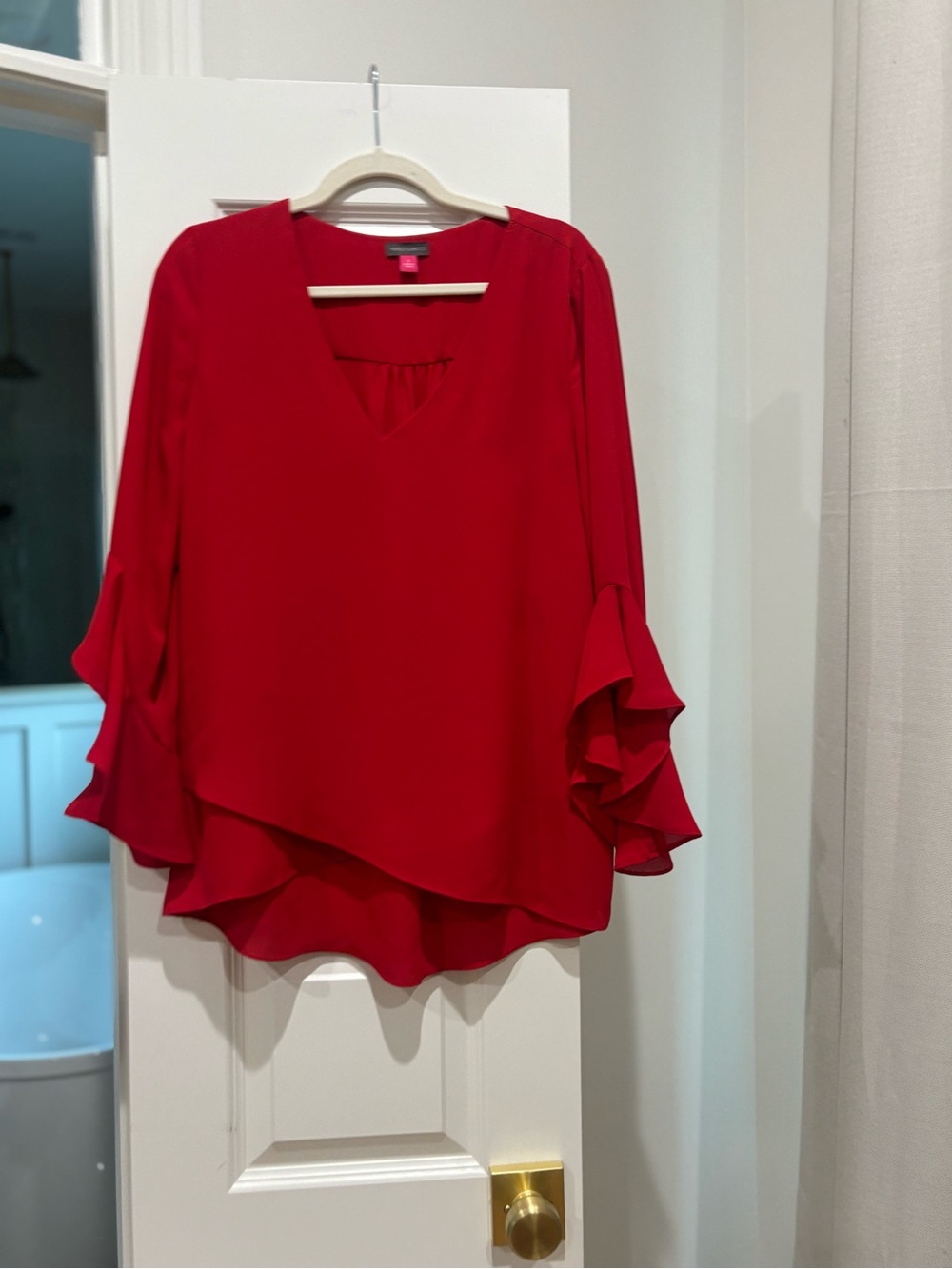 Vince Camuto Red V-Neck Ruffle Sleeve Blouse